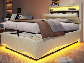 Tapicerowane łóżko z pojemnikiem 90x200 cm - z oświetleniem LED - z interfejsem USB + Type-C - z przegródkami do przechowywania - tkanina lniana - beżowy