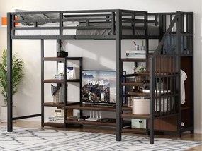 Łóżko na antresoli 90x200 cm - z gniazdkiem elektrycznym - drabina bezpieczeństwa - z miejscem do przechowywania - Czarny (materac nie jest dołączony)