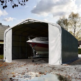 TOOLPORT 6x12m Namiot garażowy - 4 m wysokość ścian bocznych z 4,1x4m brama, PRIMEtex 2300, szary, ze statyką (podłoże betonowe) - (99449)