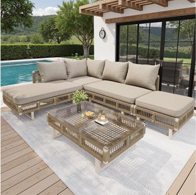 Zestaw mebli ogrodowych - z poduszkami + szklany stolik kawowy + leżak + sofa - metalowy - beżowy