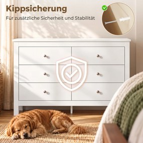 HOMCOM Komoda z 6 szufladami, sideboard z łatwojezdnymi prowadnicami do sypialni, salonu lub przedpokoju, 118 x 39,5 x 75,5 cm, biały | Aosom PL