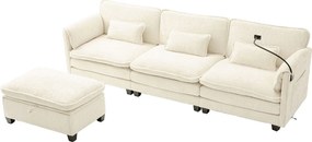 Sofa 3-osobowa, sofa narożna z portem USB, kieszeniami bocznymi i uchwytem na telefon - Beżowy szenil