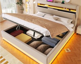 Tapicerowane łóżko z pojemnikiem 180x200 cm - z portem USB Type-C - z oświetleniem LED - z przegródką do przechowywania - Beżowy​ (materac nie jest wliczony w cenę)