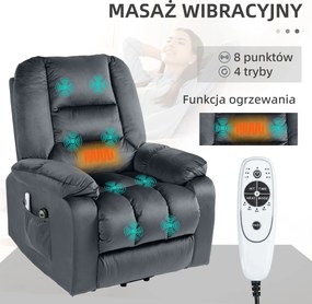 HOMCOM Fotel masażowy dla seniorów z funkcją wstawania 8 punktów masażu szary z bocznymi kieszeniami | Aosom PL