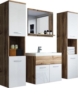 Zestaw mebli łazienkowych, komplet wiszący z umywalką, lustrem i 2 słupkami, korpus wotan fronty biały połysk
