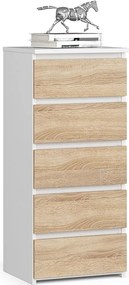 Komoda AKORD CL5 Biała 40 cm 5 szuflad fronty kolor Dąb Sonoma mat 40x35x92 cm