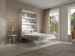 Łóżko chowane w szafie  160 x 200 cm - Otwierane pionowo ręcznie - Z oświetleniem LED - Beżowe + Materac - RAPILI