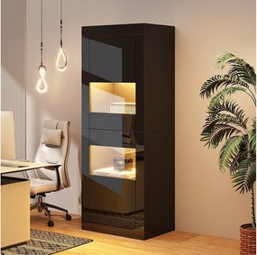 Witryna lakierowana z diodami LED + 1 półka szklana + drzwi - 61 x 42 x 162 cm - płyta wiórowa - kolor czarny