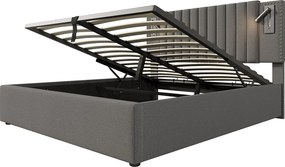 Łóżko tapicerowane dwuosobowe z pojemnikiem - 180 x 200 cm - z lampką do czytania i zagłówkiem - bawełna - szare