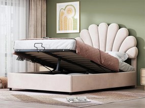 Łóżko z tapicerowanym welurowym zagłówkiem - 140x200cm - zagłówek w kształcie kwiatu - z stelażem na listwy - Beżowe