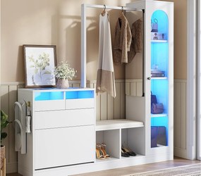 Zestaw przedpokojowy 163×35×161 cm - z wieszakiem i lustrem - ławka i szafka na buty - z oświetleniem LED - Biały