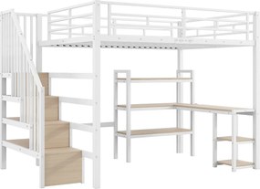 Łóżko piętrowe metalowe - 140 x 200 cm - z drabinką + biurko + port USB + diody LED - białe