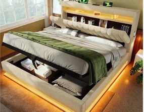 Tapicerowane łóżko z pojemnikiem 140x200 cm - z LED - z portami USB i Type-C - Tkanina lniana - Wezgłowie z przestrzenią do przechowywania - Beżowy