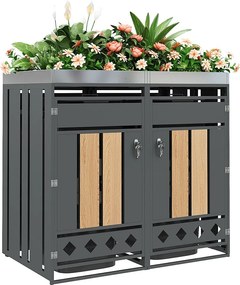 Schowek na 2 ogrodowe kosze na śmieci - 132 x 80 x 124,5 cm - z zamkiem + 2 drzwiami + nasadzeniami - metal - szary + naturalny