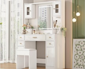 Toaletka z lustrem 152×40×105 cm - z taboretem - z regulowanym oświetleniem LED i gniazdkiem - z 6 szufladami i 4 drzwiami - biała