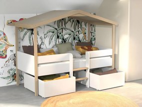 Łóżko w kształcie domku SAROSI z szufladami – 90 × 190 cm – drewno lipowe – kolor biały i dębowy