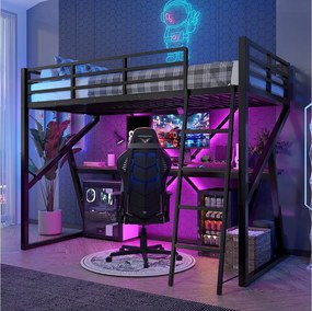 Łóżko piętrowe dla dzieci - 90 x 200 cm - rama żeliwna - z diodami LED + schody + biurko - Metal + MDF - czarne