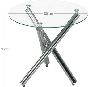 HOMCOM Stół jadalniany, okrągła płyta ze szkła hartowanego, bezramowy design, dla 2-4 osób, nogi ze stali, 80 x 80 x 74 cm