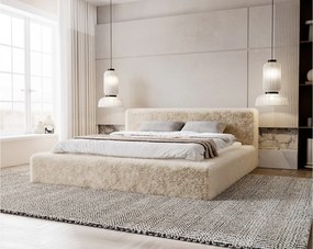 Emporius Alros łóżko tapicerowane 140x200 cm - tkanina futerkowa, łóżko dwuosobowe z pojemnikiem, beżowy (Lapit 29)