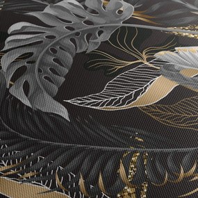 Obraz - Tropikalne liście w kolorze czarno - złotym (z zegarem) (90x30 cm)