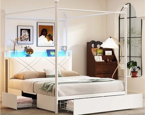 Łóżko podwójne 140x190 cm - Oświetlenie LED + port ładowania USB/Type-C - 3 szuflady - Wyjmowane słupki łóżka - biały