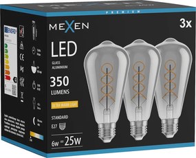 Mexen Vintis 3x żarówka filament spirala LED E27, ST64, 6W, Ciepła - 2200K, 350 lm, smoke - L162-E27-0622-70x03