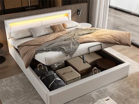 Łóżko podwójne ze schowkiem 140x200cm ze sztucznej skóry z 16-kolorowym oświetleniem LED, Miejsce do przechowywania, Bez materaca, Stelaż z listew w zestawie, Białe