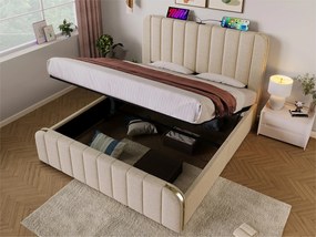 Łóżko z pojemnikiem 160x200cm z tkaniny lnianej - z ładowaniem USB i Type-C - ozdobione złotymi paskami - Beżowe