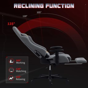 HOMCOM Ergonomiczny fotel gamingowy z regulowanymi podłokietnikami 3D, obrotowy fotel biurowy z podparciem lędźwiowym, szary