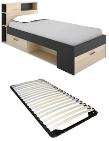 Łóżko z zagłówkiem,  ze skrzynią i szufladą - 90 x 190 cm - Antracyt i naturalny + stelaż - LEANDRE