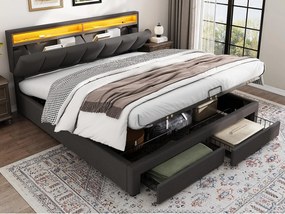 Tapicerowane łóżko ze schowkiem 160x200cm w pościeli z szufladą i diodą LED - zagłówek do przechowywania - podstawa z listew - szary