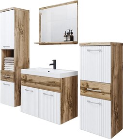 Nowoczesne meble łazienkowe, wiszący zestaw z umywalką, lustrem i słupkami, korpus mat / fronty MDF ryflowane