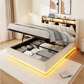 Łóżko hydrauliczne ze schowkiem - 160 x 200 cm - z diodami LED + kieszenie boczne + USB/Typ-C + zagłówek ze schowkiem - aksamitne - beżowe