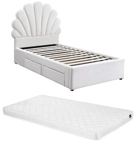 Łóżko muszla  90 x 190 cm z 2 szufladami - Welur - Białe + Materac - MOANA
