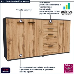 Długa komoda z szufladami i półkami grafit + dąb wotan T0-S51
