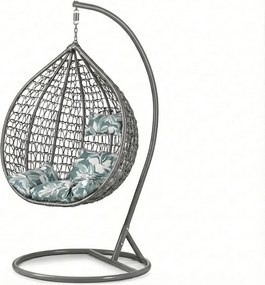 Szary wiszący fotel KOKON ze stojakiem, zielono-biała poduszka