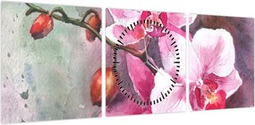 Obraz - Orchidee, akwarela (z zegarem) (90x30 cm)