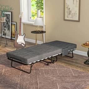 HOMCOM Łóżko Składane, Materac, 4 Koła, Stelaż Metalowy, do 150 kg, 190 x 80 x 42 cm, Ciemnoszary