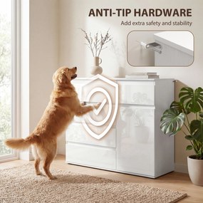 HOMCOM Nowoczesny sideboard, szafka do przechowywania z 5 szufladami, regulowaną półką, drzwiami Soft-Close, biały wysoki połysk | Aosom PL
