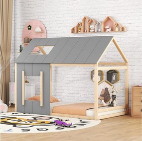 Łóżko kabinowe 90x200cm - Łóżko dziecięce z dachem i oknem - kolor szary i drewno naturalne - materac nie jest wliczony w cenę