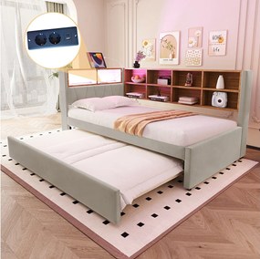 Łóżko dzienne 90 x 200 cm - łóżko wysuwane 90 x 190 cm z oświetleniem LED i dużą ilością miejsca do przechowywania - flanela jasnoszara