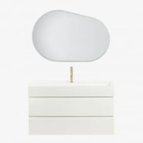 Zestaw Mebli Łazienkowych Z Drewna I Forniru Jesionowego Z Wbudowaną Umywalką Ona Biała & Owalna Lampa Led - Sklum