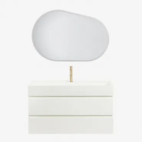 Zestaw Wiszących Mebli Łazienkowych Z Drewna I Forniru Jesionowego Zintegrowany Z Umywalką Ona Biała & Owalna Lampa Led - Sklum