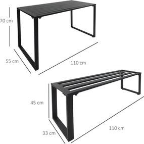 Outsunny Stylowy Zestaw Mebli Ogrodowych 3-częściowy - Stół i 2 Ławki, Metalowa Konstrukcja, Czarny Kolor, 110x55x70cm