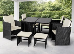 Zestaw mebli ogrodowych z fotelami i pufami Seaside, czarny technorattan, kremowe poduszki