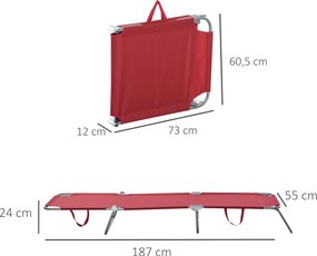 Outsunny Leżak Słoneczny, Składany, Regulowane Oparcie, Rama z Nierdzewnej Stali, 180 x 55 x 24, Bordowy