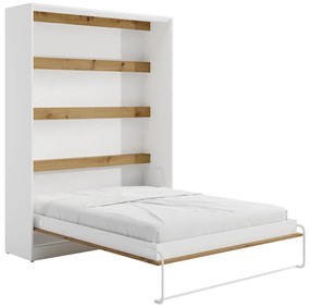 Łóżko chowane w szafie 160 × 200 cm – Otwieranie pionowe manualne – Oświetlenie LED – Białe i naturalne –  RAPILI