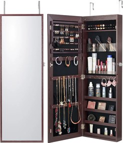 Szafka na Biżuterię SucceBuy z Lustrem o 108cm Mocowanie do Ściany Drzwi Brązowy, Montaż na Ścianie/Drzwiach, LED, Podszewka z Aksamitu, Brązowy, Organizer