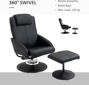 HOMCOM Fotel relaksacyjny z podnóżkiem, pokrycie z sztucznej skóry, regulowany, ergonomic design, Czarny