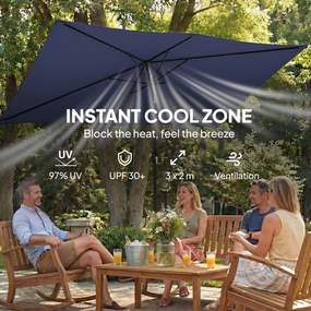 Outsunny Parasol LED Solarny ok. 300 x 200 cm z regulacją kąta, korbką, pokrowcem, ochroną UV, obrotowy, granatowy | Aosom PL